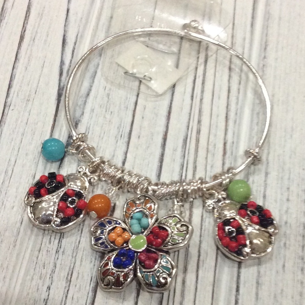 Mosaic Ladybug & Flower Charm Wire Bracelet - Picture 2 of 3